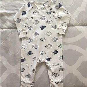 Petit Lem White with blue fish Sz 6 mo romper